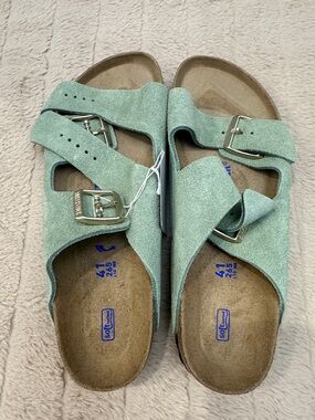 Birkenstock Mint Green Suede Dual-Buckle Slide Sandals